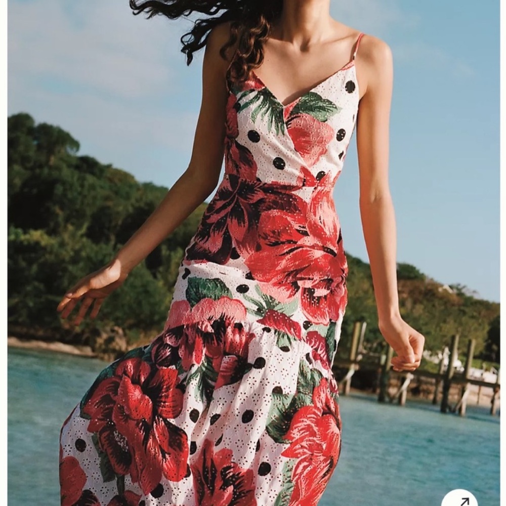 Anthropologie Red Floral Eyelet Midi Dress with Green Leaves